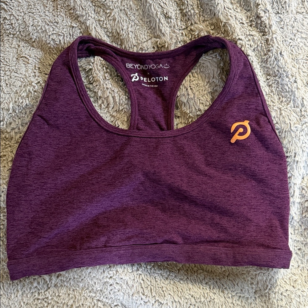 Beyond Yoga Deep Purple Sports Bra with Bright Orange Logo